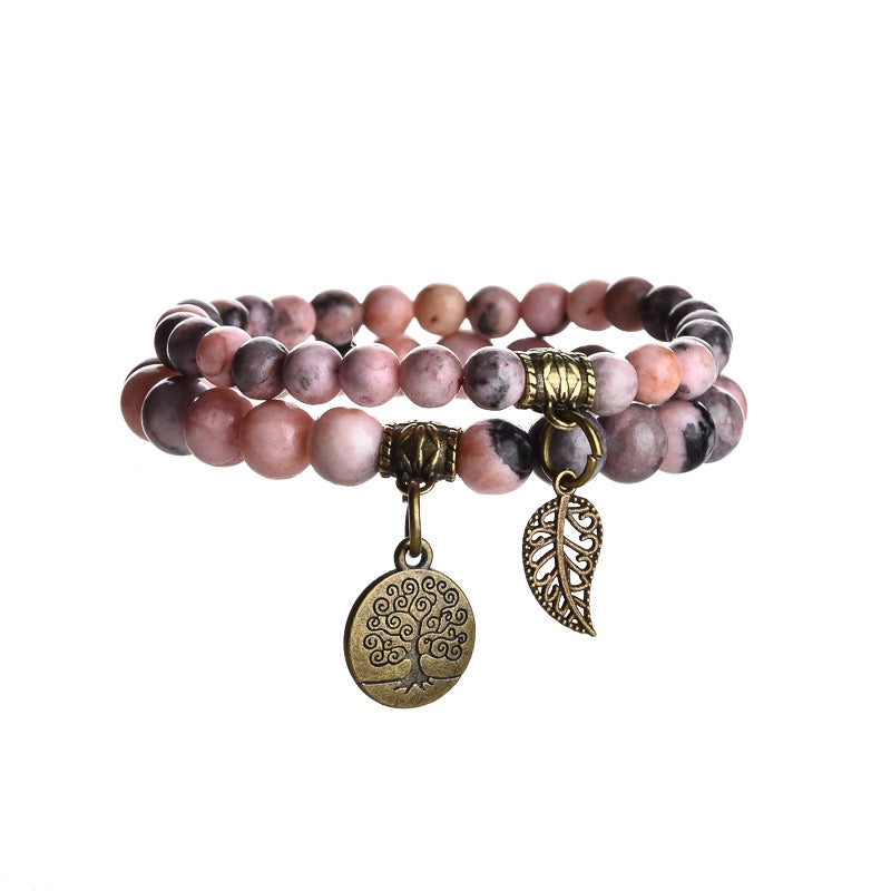 Pink Zebra Jasper Dual Bracelets - Bronze Tree Charms