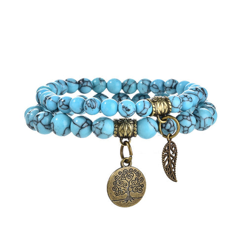 Blue Howlite Dual Bracelets - Bronze Tree Charms