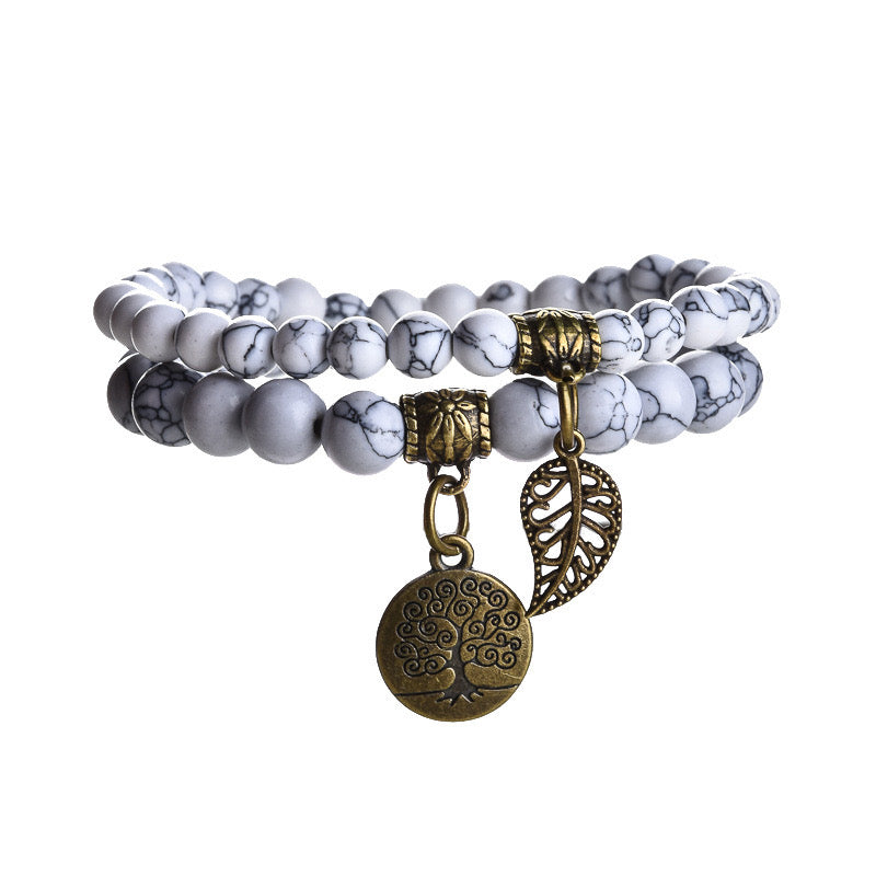 White Turquoise Dual Bracelets - Bronze Tree Charms