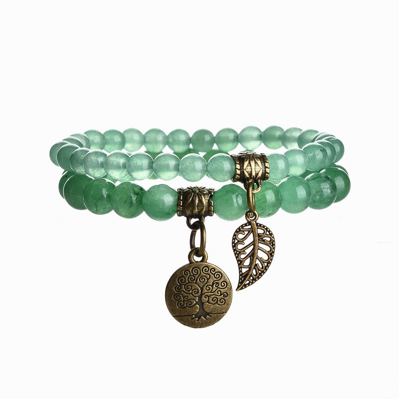 Green Aventurine Dual Bracelets - Bronze Tree Charms