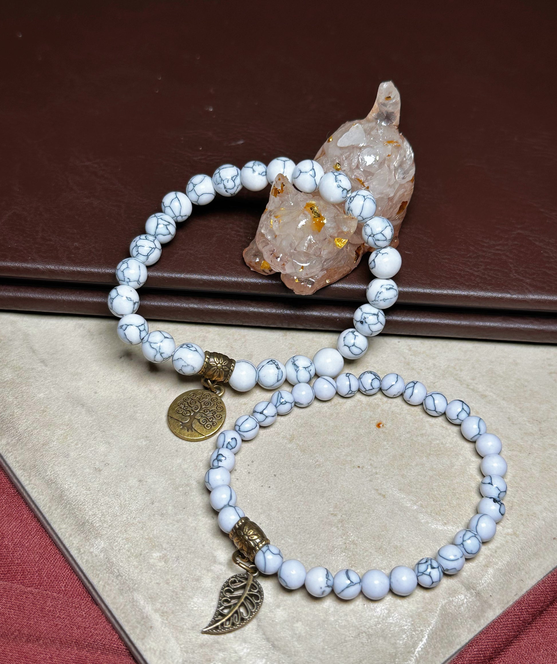 White Turquoise Dual Bracelets - Bronze Tree Charms