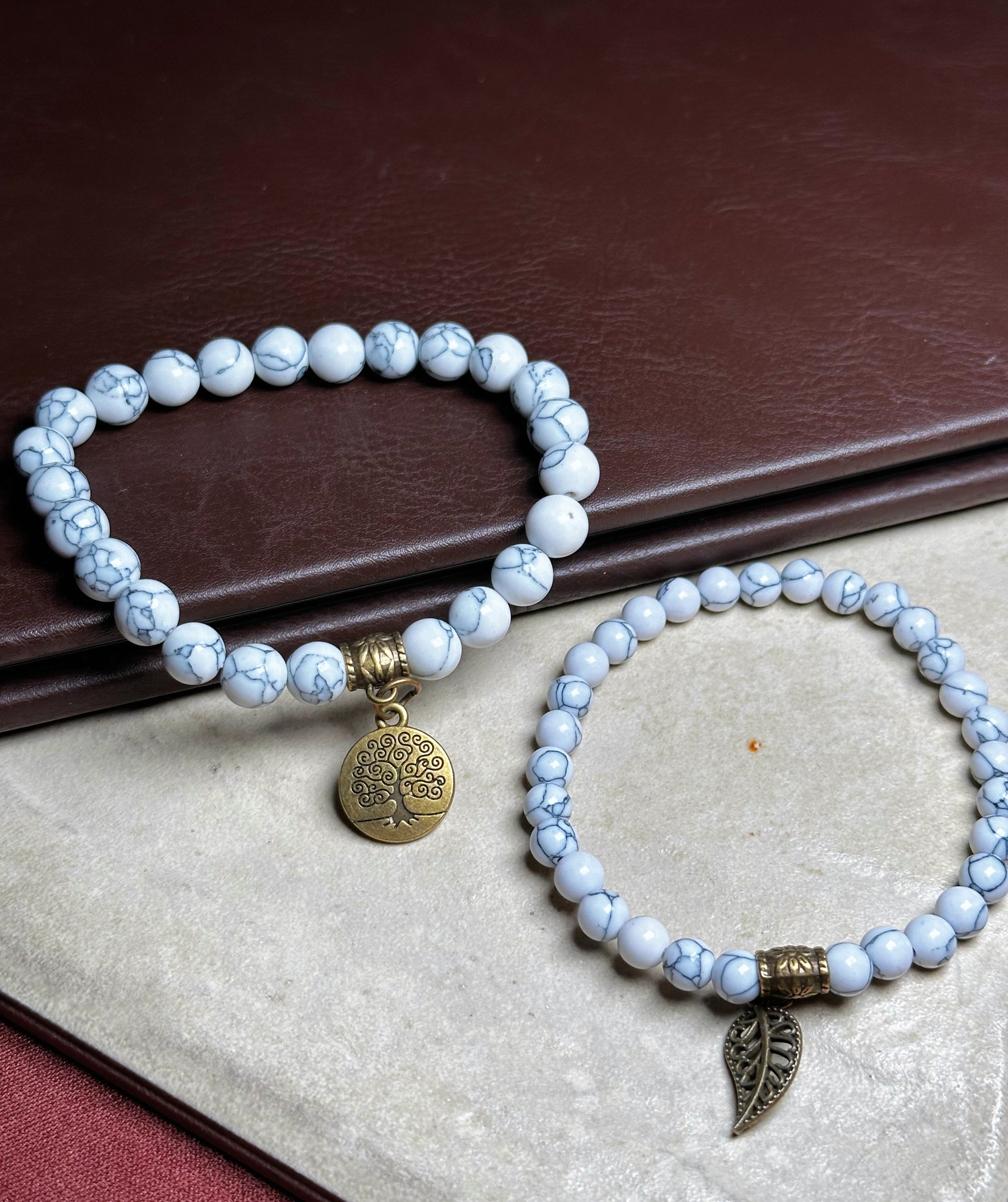 White Turquoise Dual Bracelets - Bronze Tree Charms
