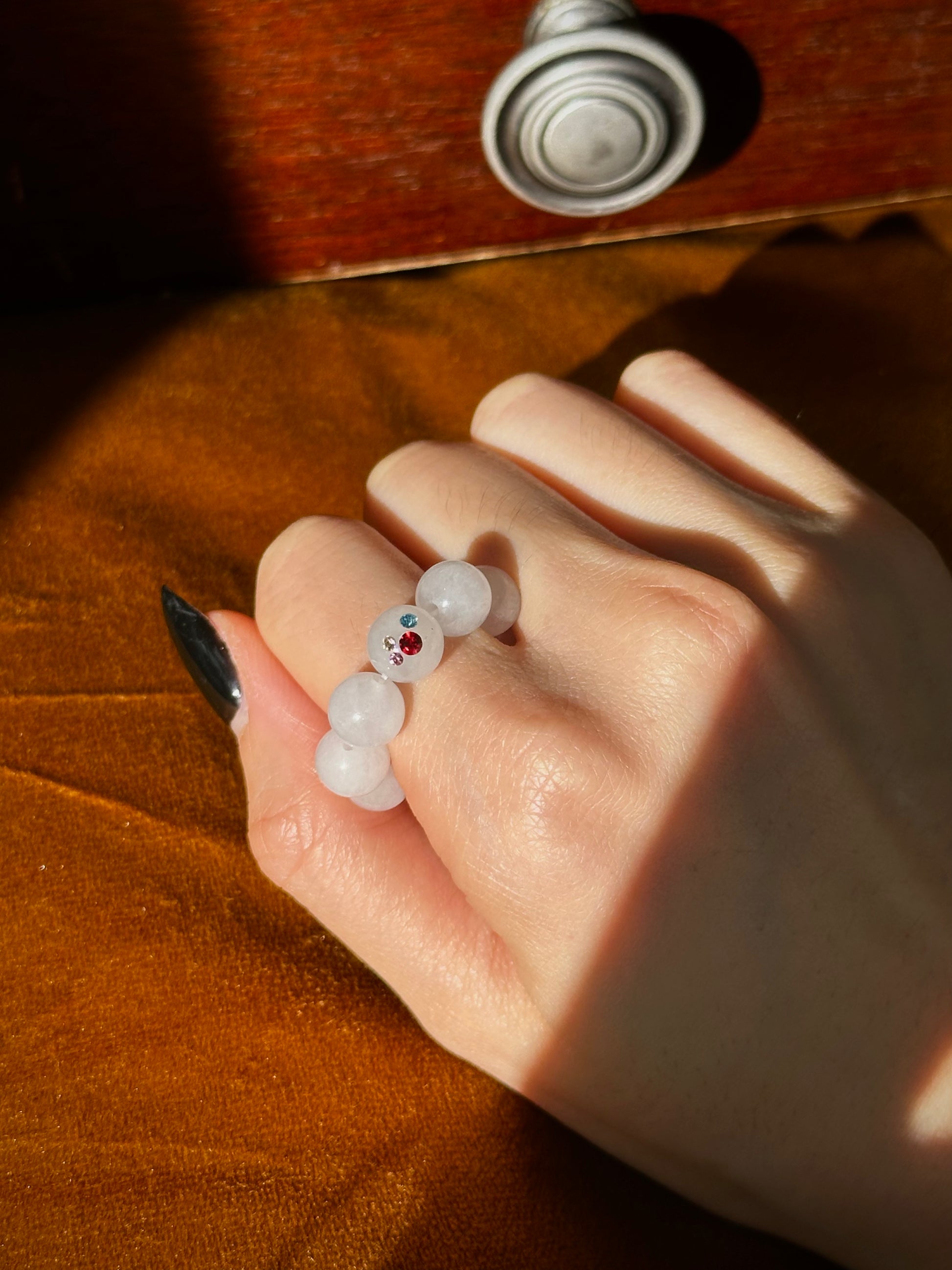 Candy On Your Ring -- White Jade x Rhinestone Ring